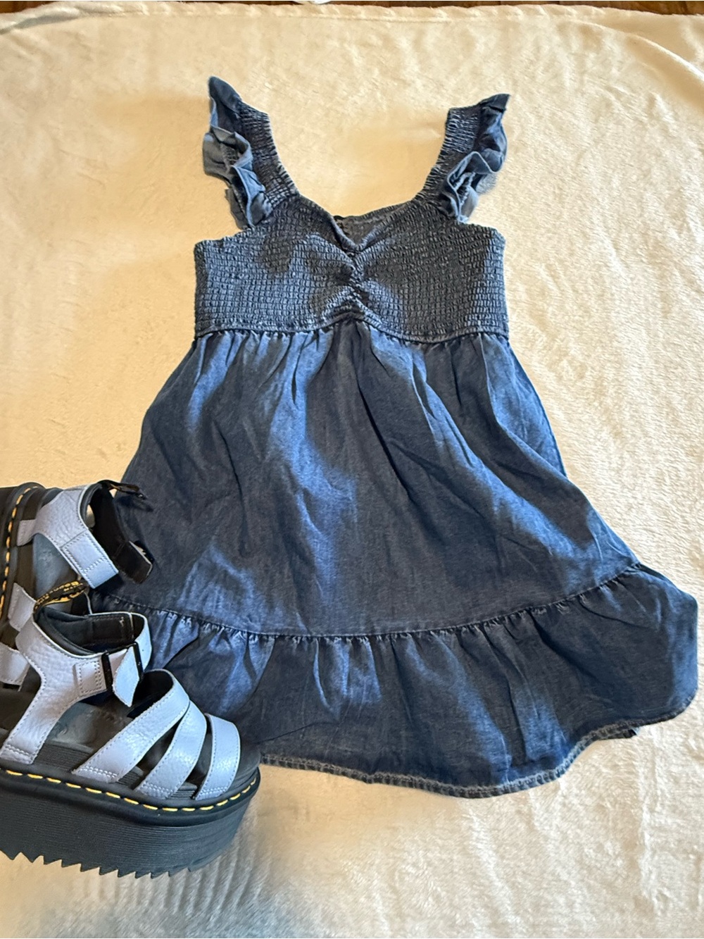 ADORABLE DENIM SMOCKED ROMPER Dress NWOT L BLUE Runs Small INDULGE